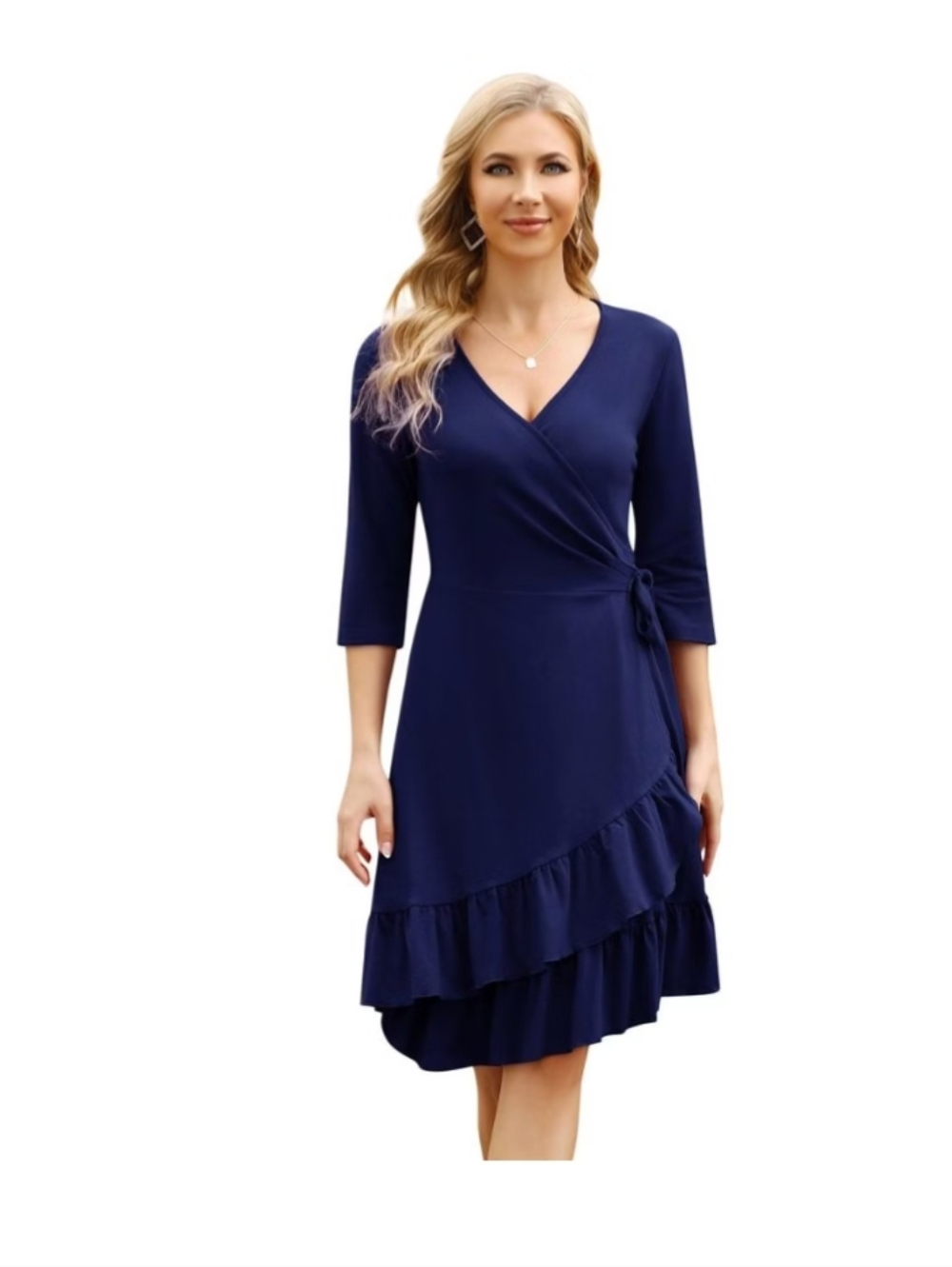 Classic Navy Wrap Midi Dress with Ruffle Hem